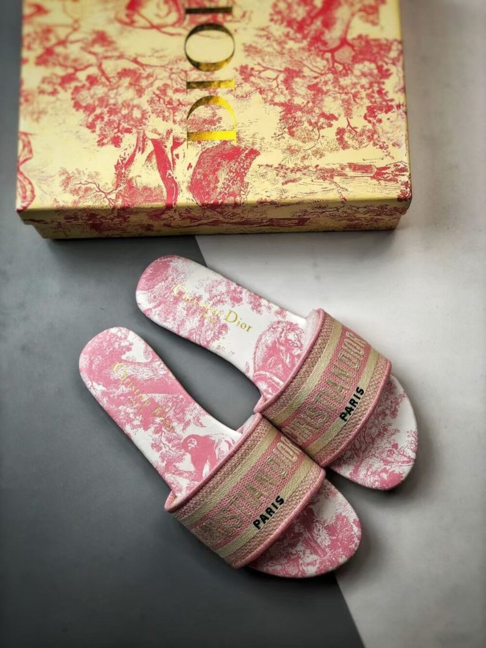 Dior Pink Printed Logo Open Toe Slide Flat Sandals